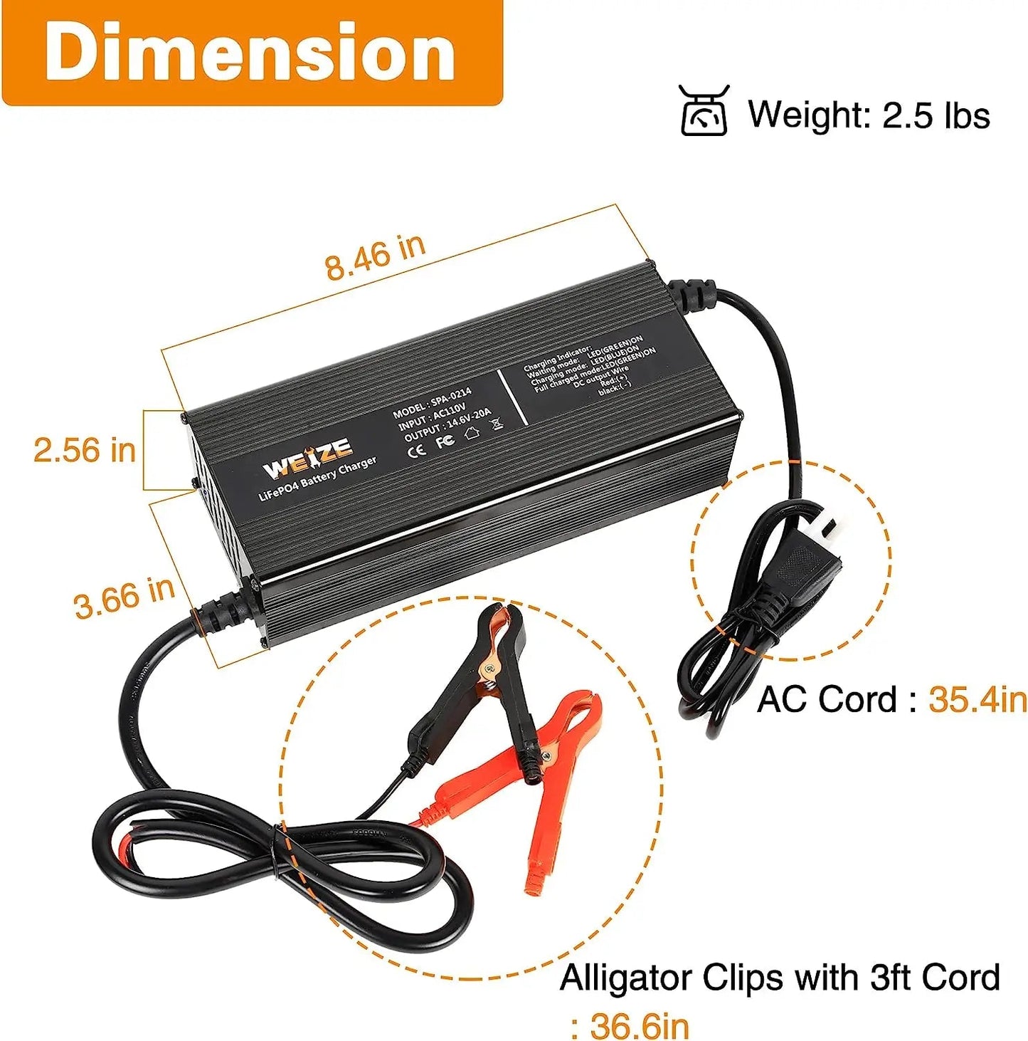 14.6V 20A LiFePO4 Lithium Battery Charger, Intelligent AC-DC LiFePO4 Lithium Battery Smart Charger for 12V Lithium Iron Phosphate Batteries, Support Fast Charging