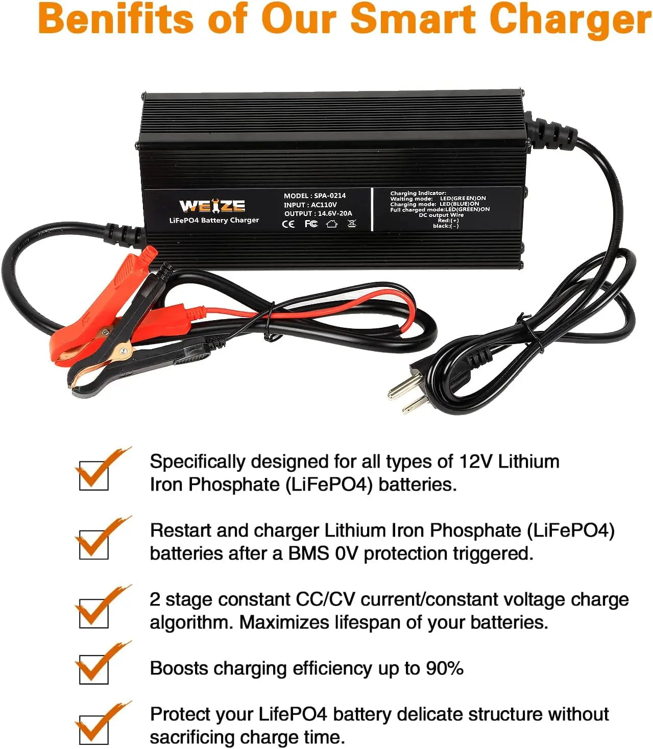 14.6V 20A LiFePO4 Lithium Battery Charger, Intelligent AC-DC LiFePO4 Lithium Battery Smart Charger for 12V Lithium Iron Phosphate Batteries, Support Fast Charging