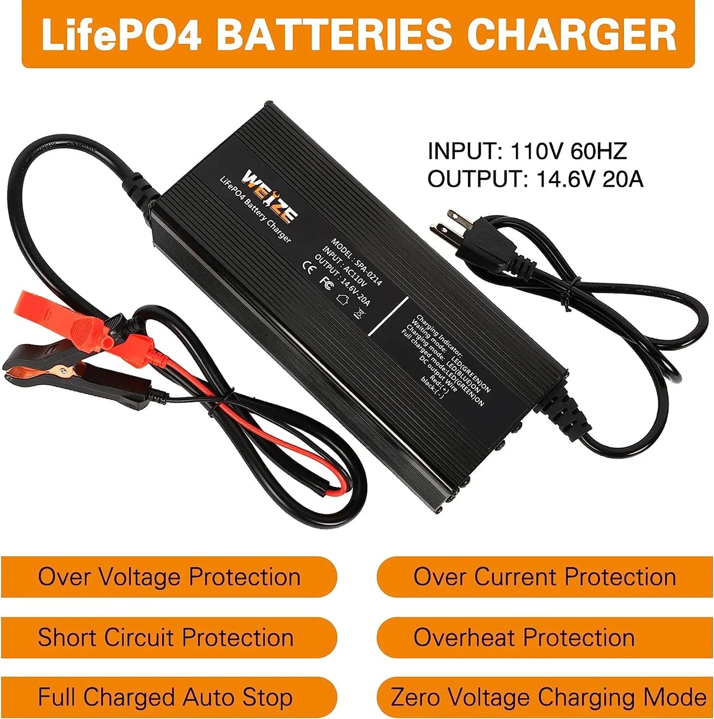 14.6V 20A LiFePO4 Lithium Battery Charger, Intelligent AC-DC LiFePO4 Lithium Battery Smart Charger for 12V Lithium Iron Phosphate Batteries, Support Fast Charging