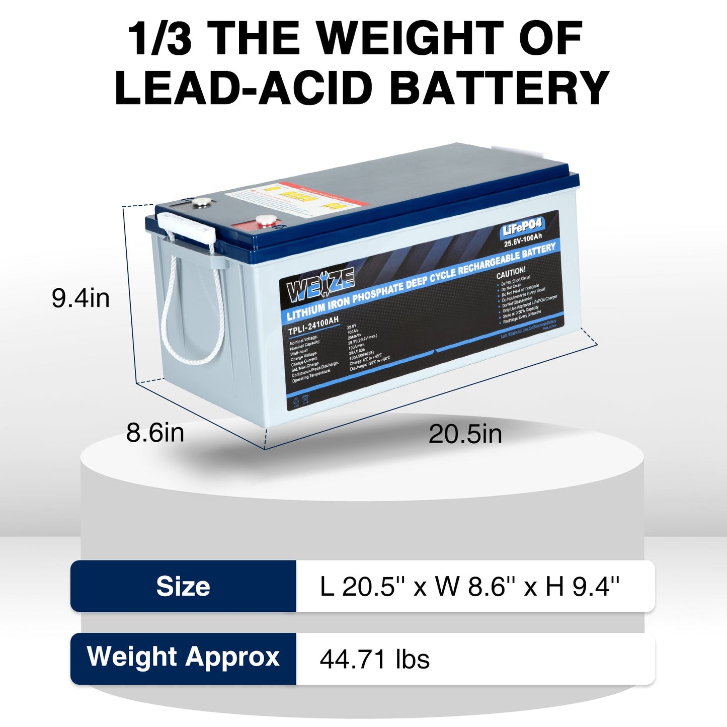 WEIZE 24V 100Ah 2560Wh Deep Cycle LiFePO4 Lithium Battery