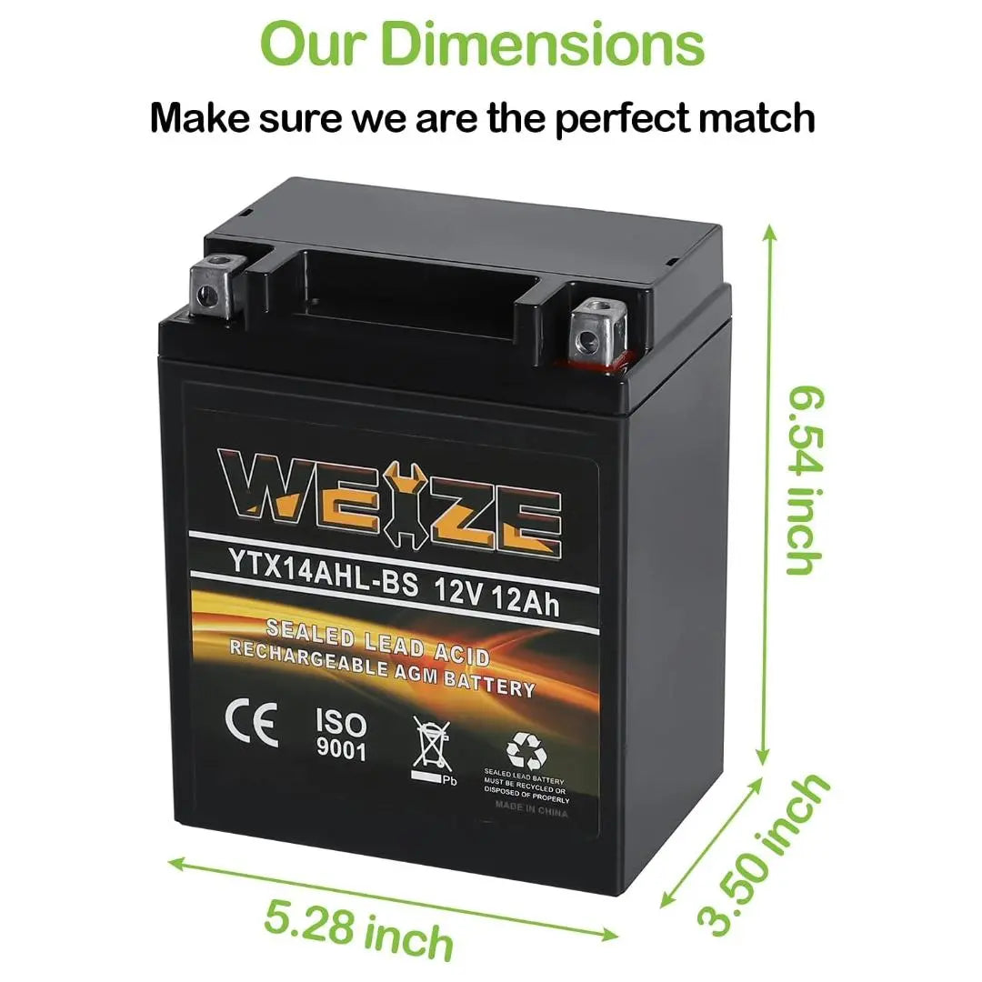 WEIZE YTX14AHL-BS 12V 12Ah High Performance-Rechargeable-Sealed Motorcycle Battery Compatible With Polaris Scrambler, Sportsman 90, Honda Scooters NQ50 Spree,Kawasaki 110 KLX110 Blue