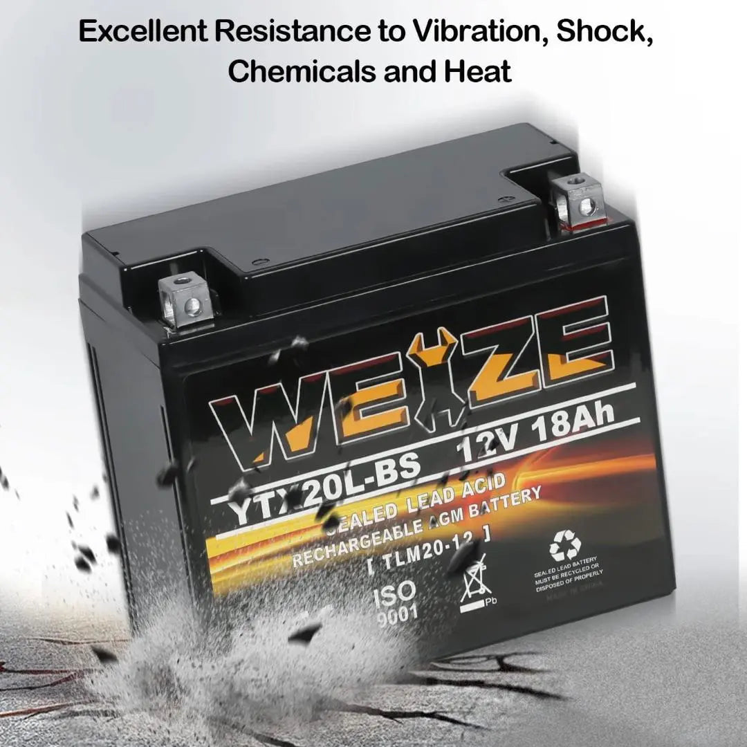 WEIZE YTX20L-BS 12V 18Ah High Performance Power Sports-Maintenance Free-Sealed AGM Motorcycle Battery ETX20L BS For Motorcycle ATV UTV snowmobile
