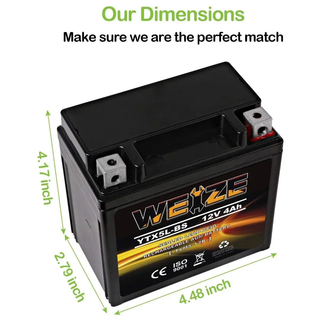 WEIZE YTX5L-BS 12V 4Ah High Performance - Maintenance Free - Sealed AGM Motorcycle Battery CTX5L Battery compatible with Honda YUASA Yamaha ETX5L-BS Batteries