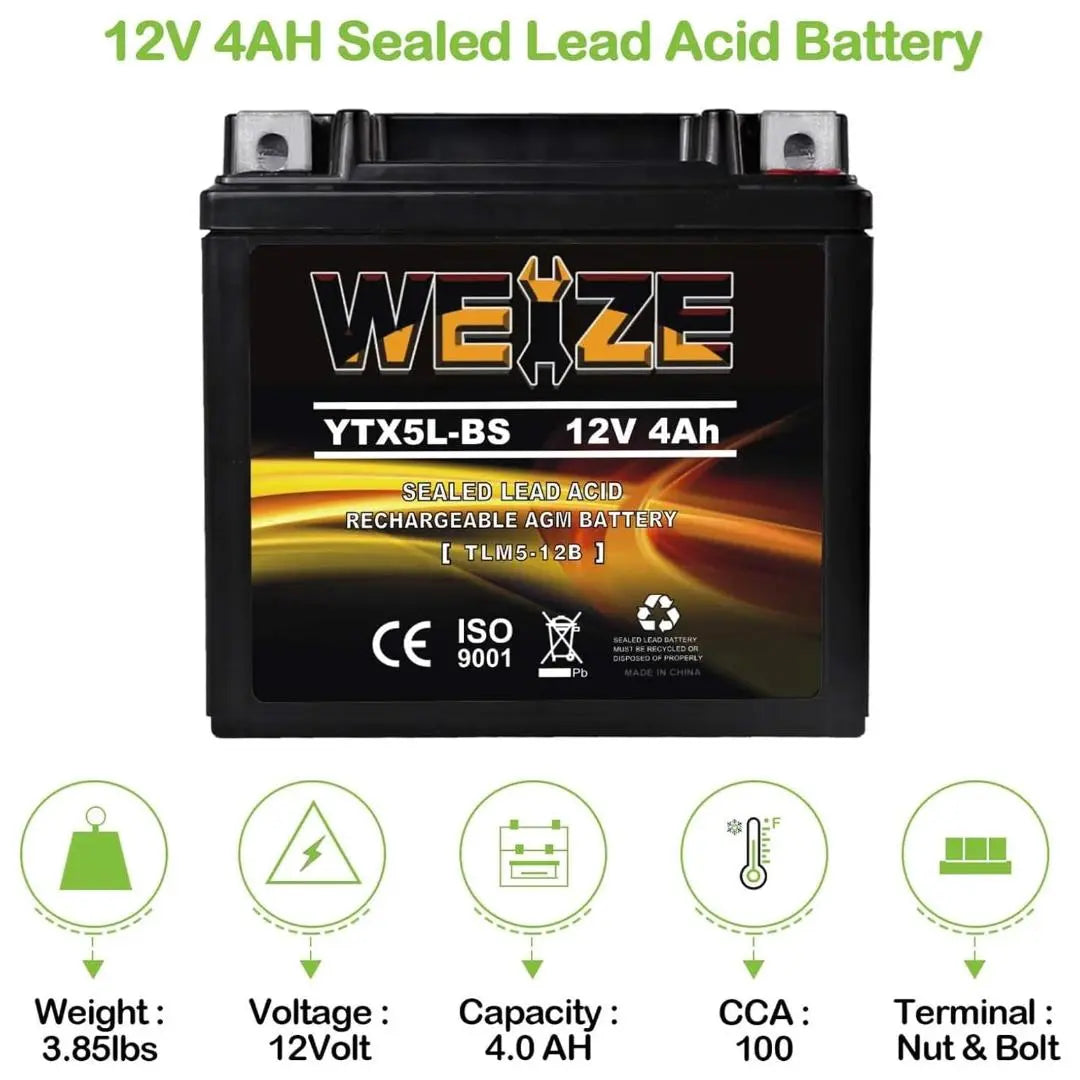 WEIZE YTX5L-BS 12V 4Ah High Performance - Maintenance Free - Sealed AGM Motorcycle Battery CTX5L Battery compatible with Honda YUASA Yamaha ETX5L-BS Batteries