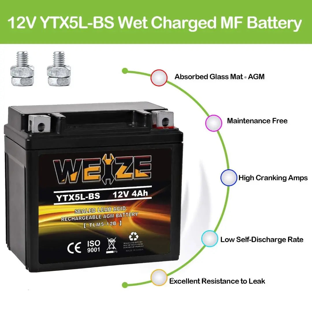WEIZE YTX5L-BS 12V 4Ah High Performance - Maintenance Free - Sealed AGM Motorcycle Battery CTX5L Battery compatible with Honda YUASA Yamaha ETX5L-BS Batteries