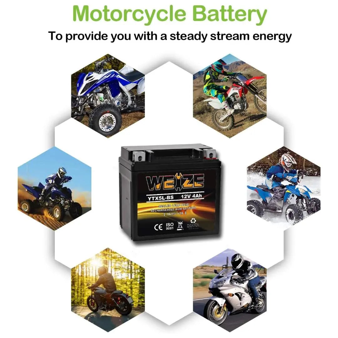 WEIZE YTX5L-BS 12V 4Ah High Performance - Maintenance Free - Sealed AGM Motorcycle Battery CTX5L Battery compatible with Honda YUASA Yamaha ETX5L-BS Batteries