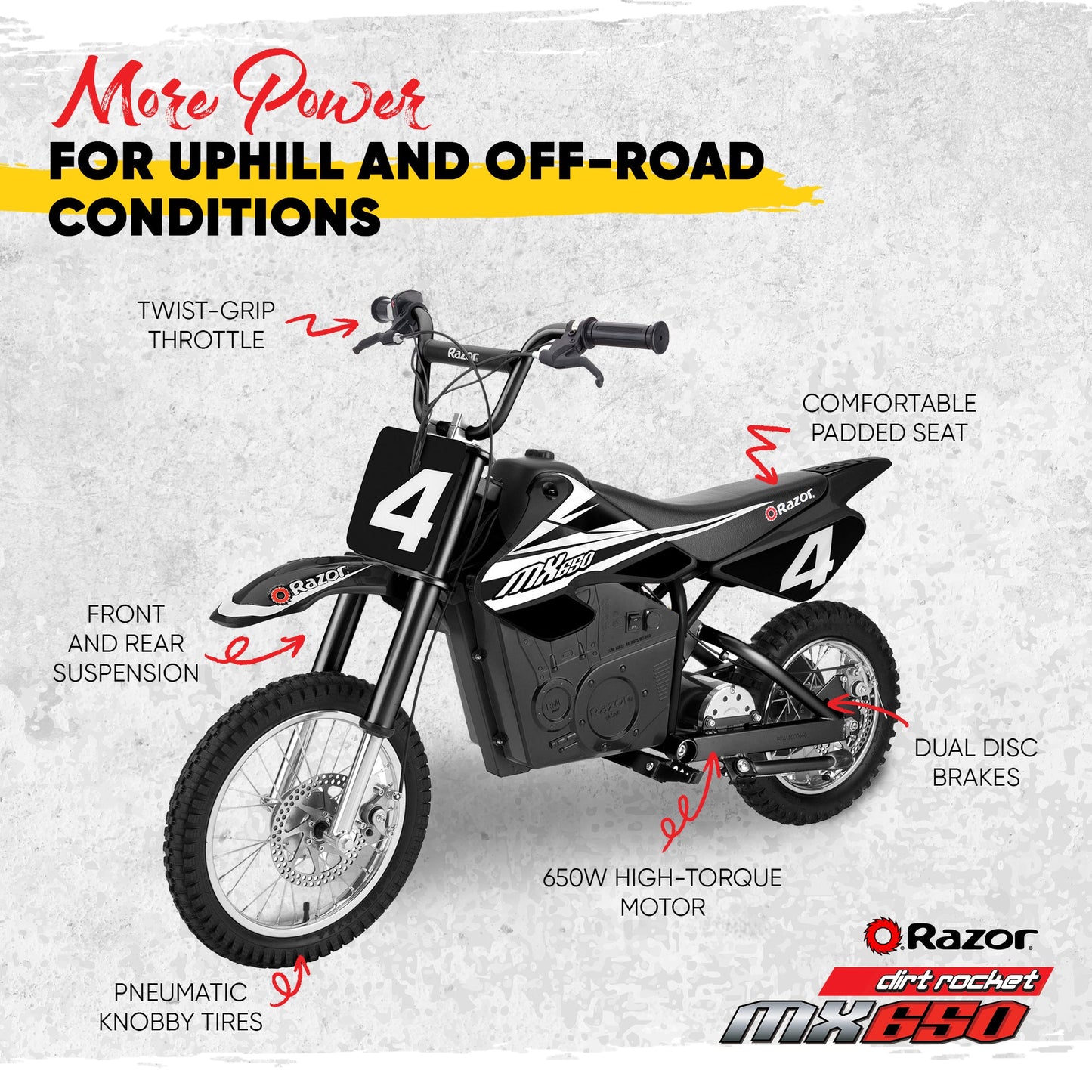 Razor MX650 Dirt Rocket High-Torque Electric Motocross Dirt Bike, 17 MPH, Black