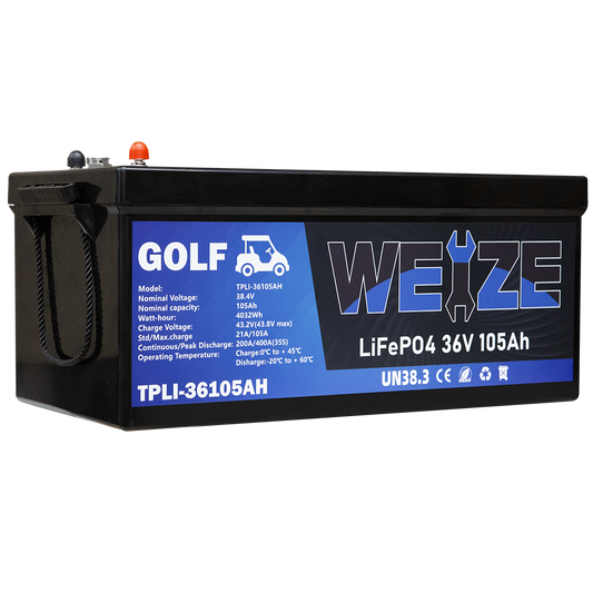 WEIZE 36V(38.4V) 105AH LiFePO4 Golf Cart Battery, 4032Wh Bluetooth Lithium Battery, 8000+ Cycles with 200A BMS, 10 Years Warranty