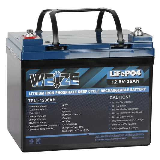 WEIZE 12V 36Ah 460.8Wh Lithium Battery, Group U1 Deep Cycle LiFePO4 Battery