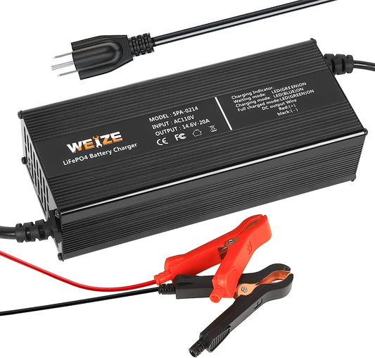 14.6V 20A LiFePO4 Lithium Battery Charger, Intelligent AC-DC LiFePO4 Lithium Battery Smart Charger for 12V Lithium Iron Phosphate Batteries, Support Fast Charging