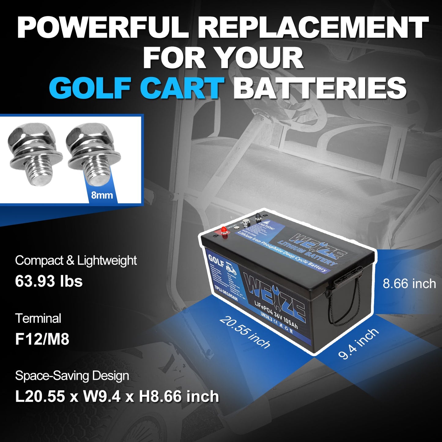 WEIZE 36V(38.4V) 105AH LiFePO4 Golf Cart Battery, 4032Wh Bluetooth Lithium Battery, 8000+ Cycles with 200A BMS, 10 Years Warranty