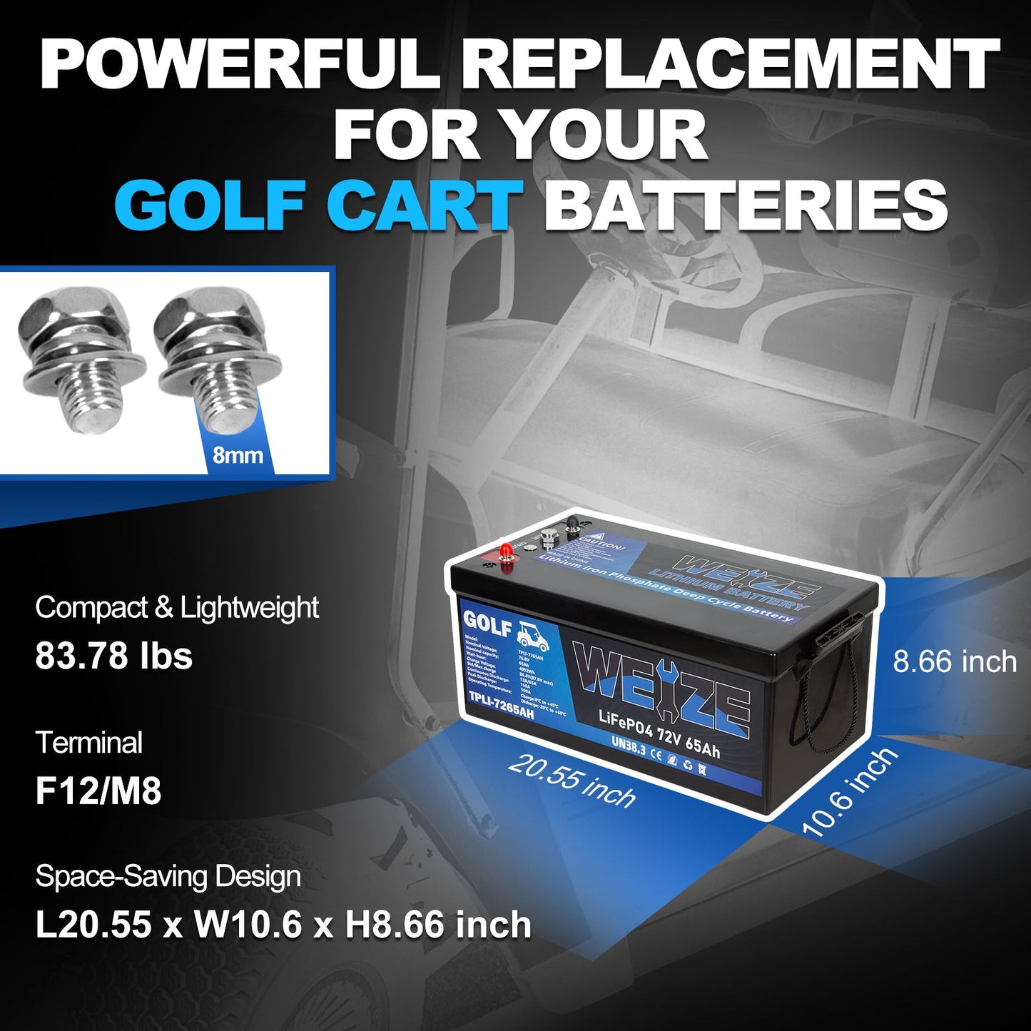 WEIZE 72V(76.8V) 65AH LiFePO4 Golf Cart Battery, 4992Wh Bluetooth Lithium Battery, 8000+ Cycles with 200A BMS, 10 Years Warranty