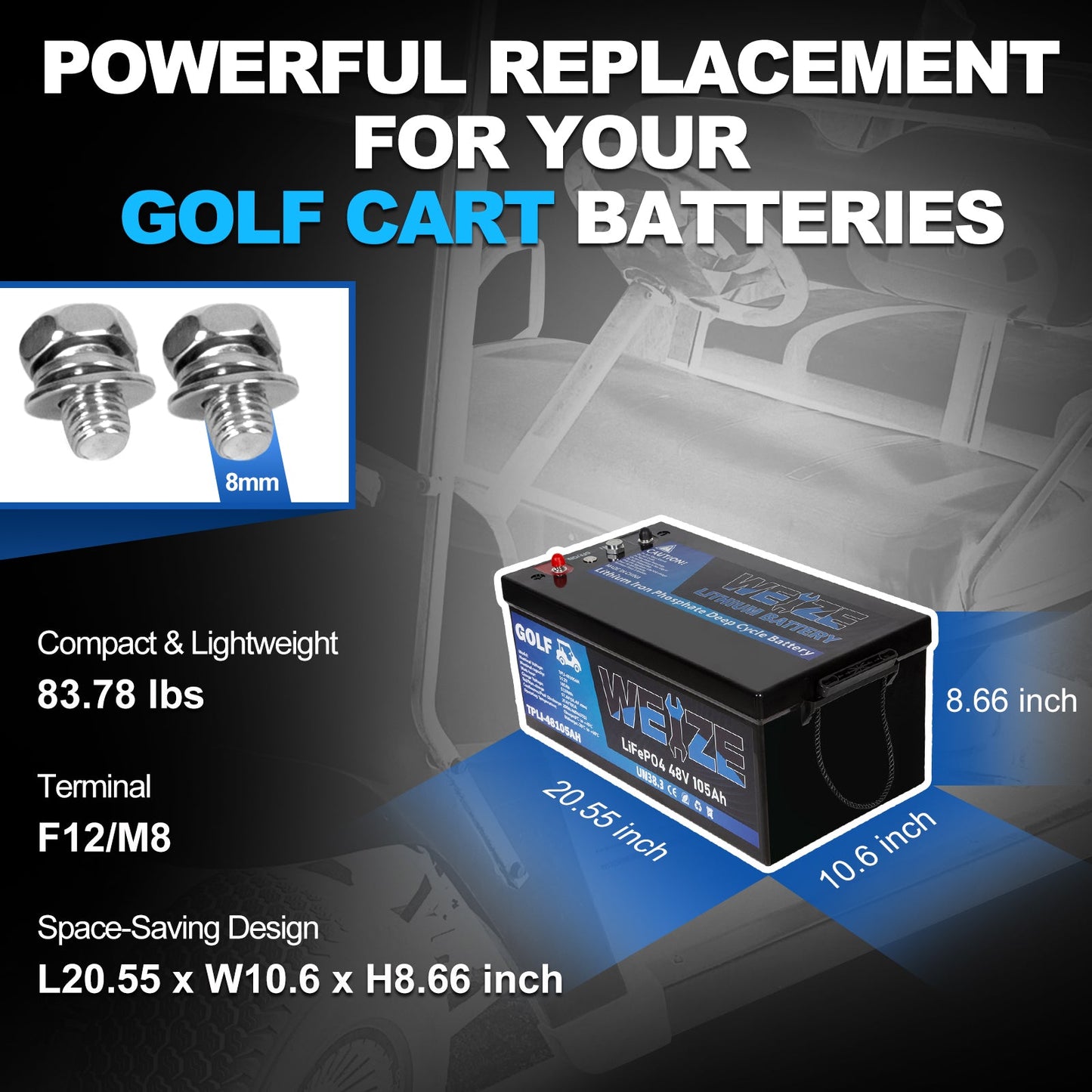 WEIZE 48V(51.2V) 105AH LiFePO4 Golf Cart Battery, 5376Wh Bluetooth Lithium Battery, 8000+ Cycles with 200A BMS, 10 Years Warranty