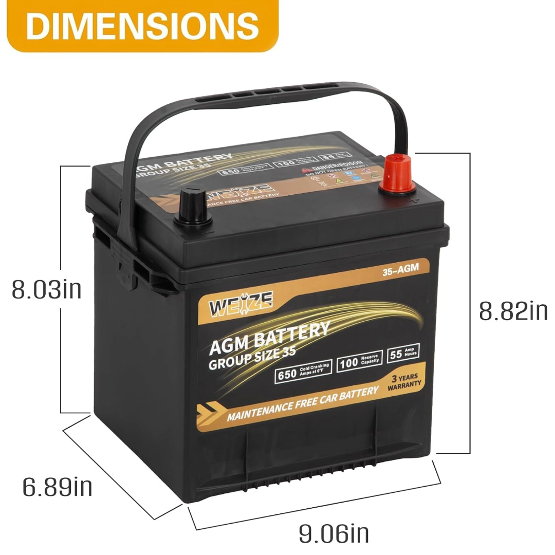 WEIZE Platinum AGM Car Battery BCI Group 35 - 12V 55Ah 650CCA Automotive Battery