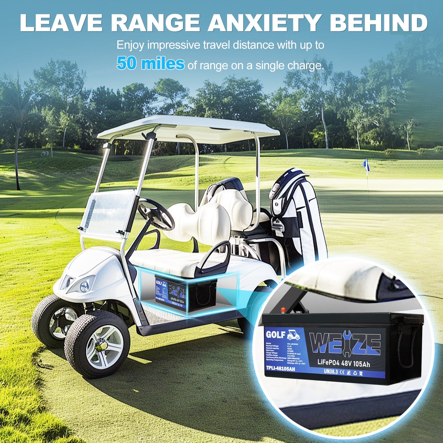 WEIZE 48V(51.2V) 105AH LiFePO4 Golf Cart Battery, 5376Wh Bluetooth Lithium Battery, 8000+ Cycles with 200A BMS, 10 Years Warranty