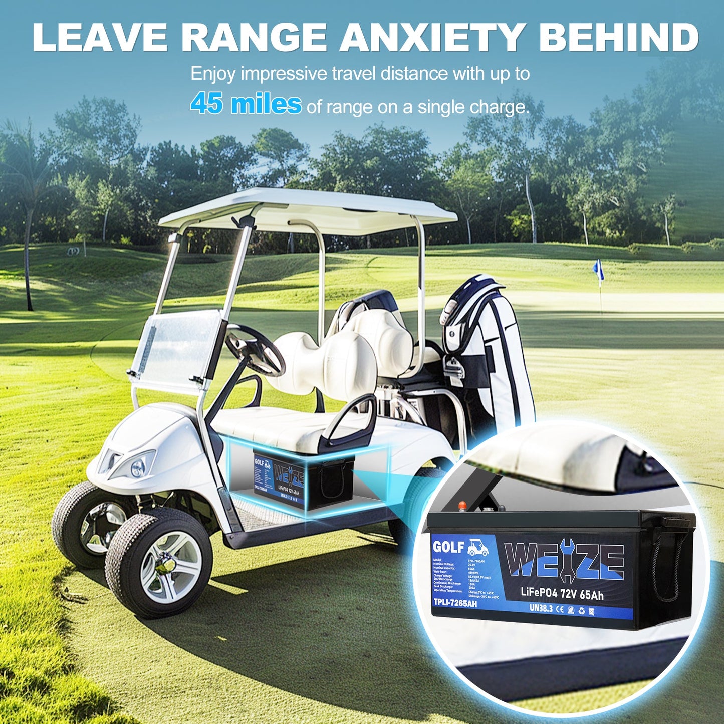 WEIZE 72V(76.8V) 65AH LiFePO4 Golf Cart Battery, 4992Wh Bluetooth Lithium Battery, 8000+ Cycles with 200A BMS, 10 Years Warranty