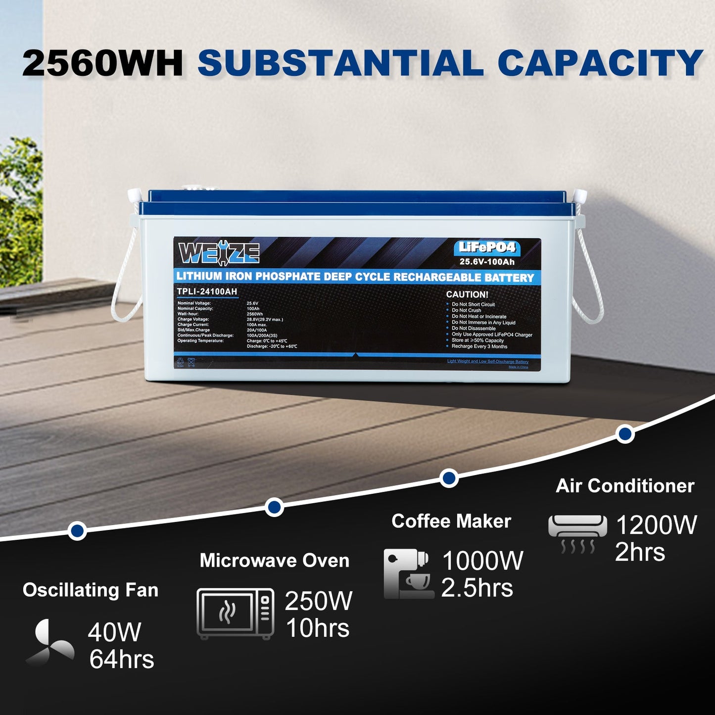 WEIZE 24V 100Ah 2560Wh Deep Cycle LiFePO4 Lithium Battery