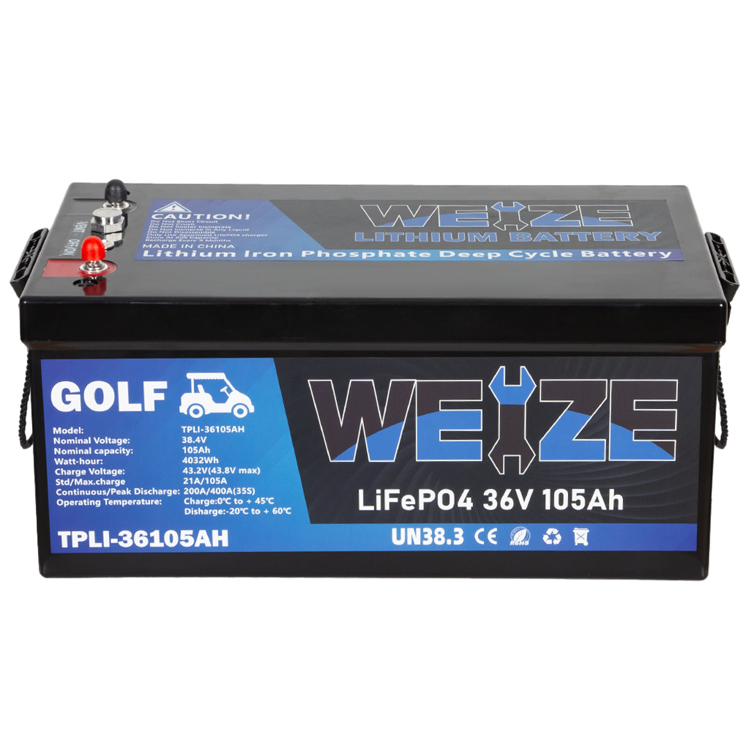 WEIZE 36V(38.4V) 105AH LiFePO4 Golf Cart Battery, 4032Wh Bluetooth Lithium Battery, 8000+ Cycles with 200A BMS, 10 Years Warranty