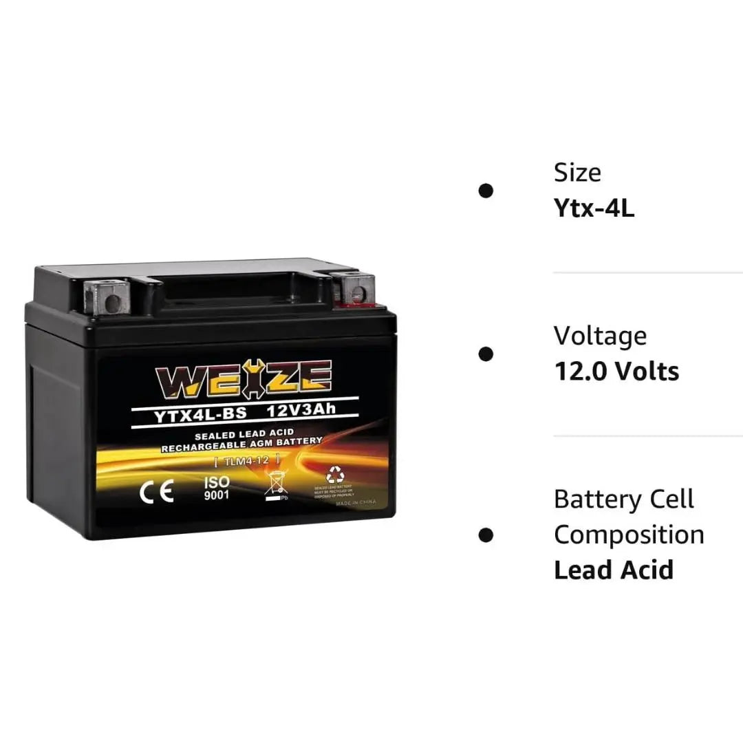 WEIZE YTX4L-BS 12V 3Ah High Performance-Rechargeable-Sealed Motorcycle Battery Compatible With Polaris Scrambler, Sportsman 90, Honda Scooters NQ50 Spree,Kawasaki 110 Can-Am DS70,Yamaha TTR125E/LE