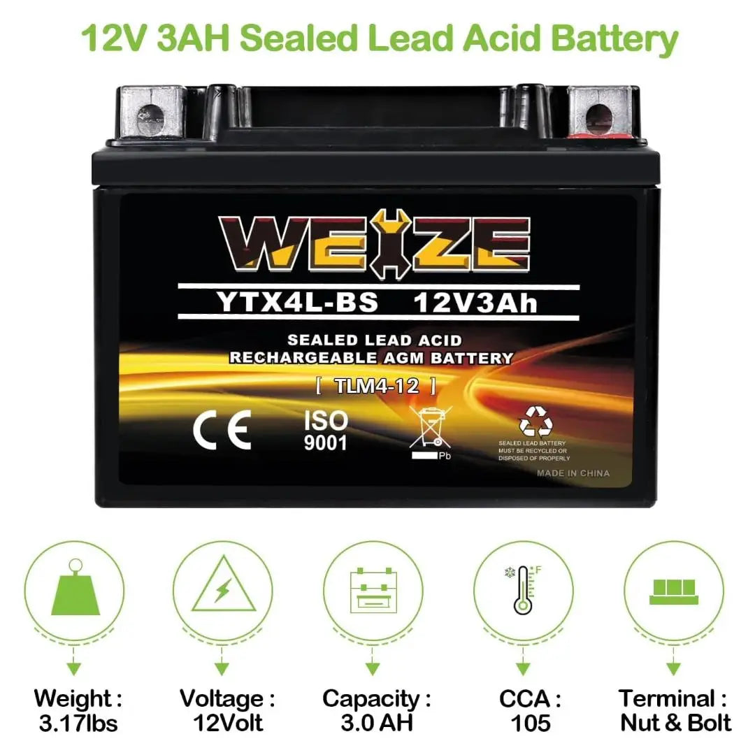 WEIZE YTX4L-BS 12V 3Ah High Performance-Rechargeable-Sealed Motorcycle Battery Compatible With Polaris Scrambler, Sportsman 90, Honda Scooters NQ50 Spree,Kawasaki 110 Can-Am DS70,Yamaha TTR125E/LE