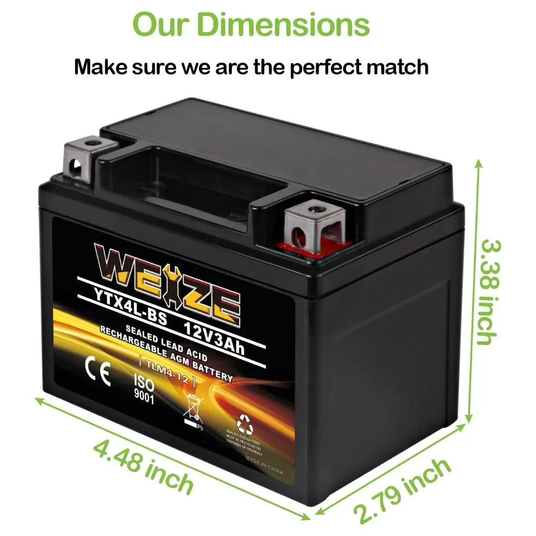 WEIZE YTX4L-BS 12V 3Ah High Performance-Rechargeable-Sealed Motorcycle Battery Compatible With Polaris Scrambler, Sportsman 90, Honda Scooters NQ50 Spree,Kawasaki 110 Can-Am DS70,Yamaha TTR125E/LE