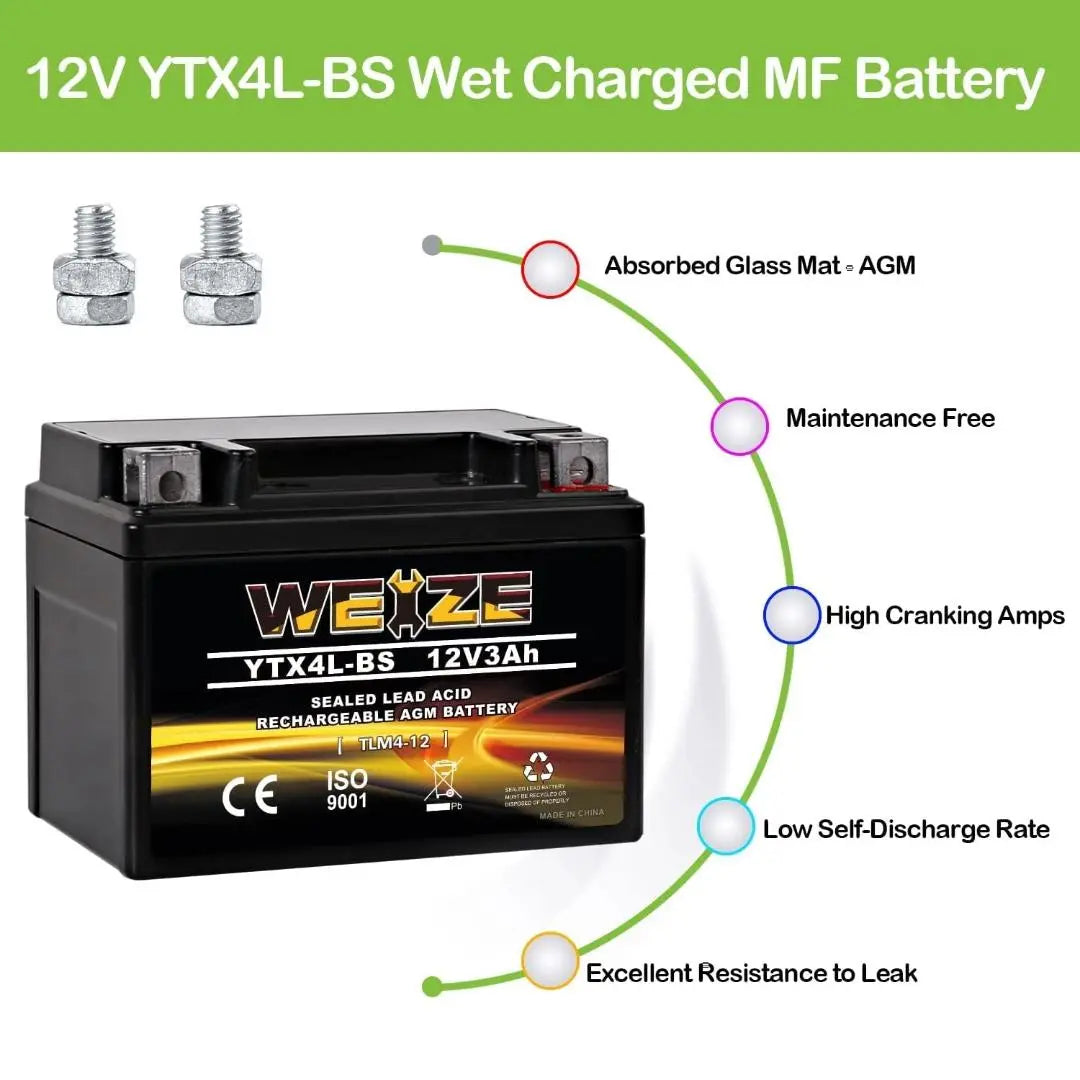 WEIZE YTX4L-BS 12V 3Ah High Performance-Rechargeable-Sealed Motorcycle Battery Compatible With Polaris Scrambler, Sportsman 90, Honda Scooters NQ50 Spree,Kawasaki 110 Can-Am DS70,Yamaha TTR125E/LE