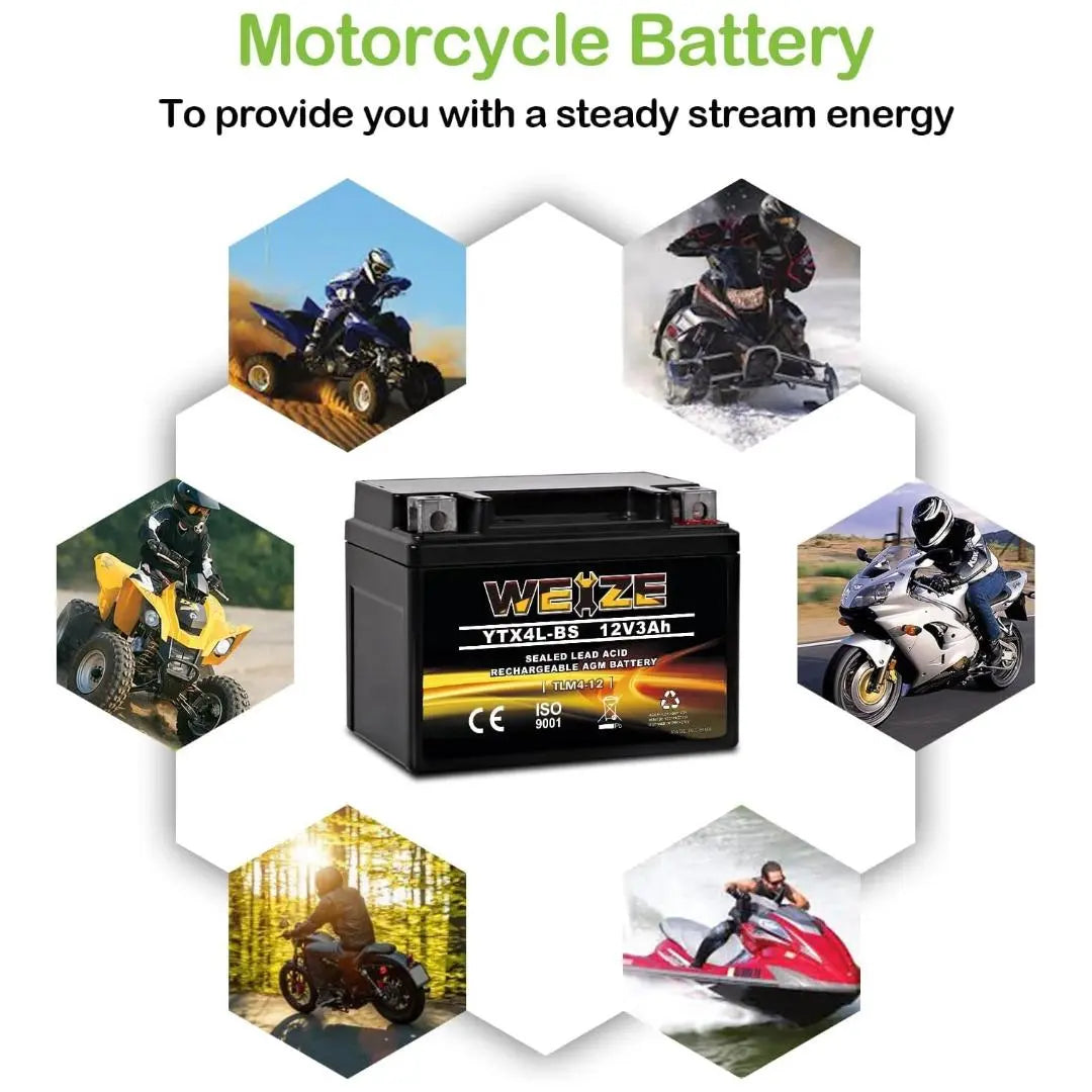 WEIZE YTX4L-BS 12V 3Ah High Performance-Rechargeable-Sealed Motorcycle Battery Compatible With Polaris Scrambler, Sportsman 90, Honda Scooters NQ50 Spree,Kawasaki 110 Can-Am DS70,Yamaha TTR125E/LE