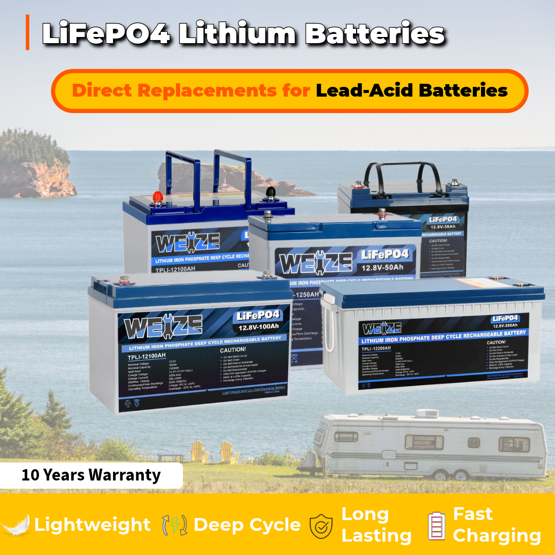 🔥WEIZE 12V LiFePO4 Lithium Battery Plus Series Deep Cycle Battery, Built-in Smart BMS, 3%/Month Self-discharge Rate, 10 Years Warranty