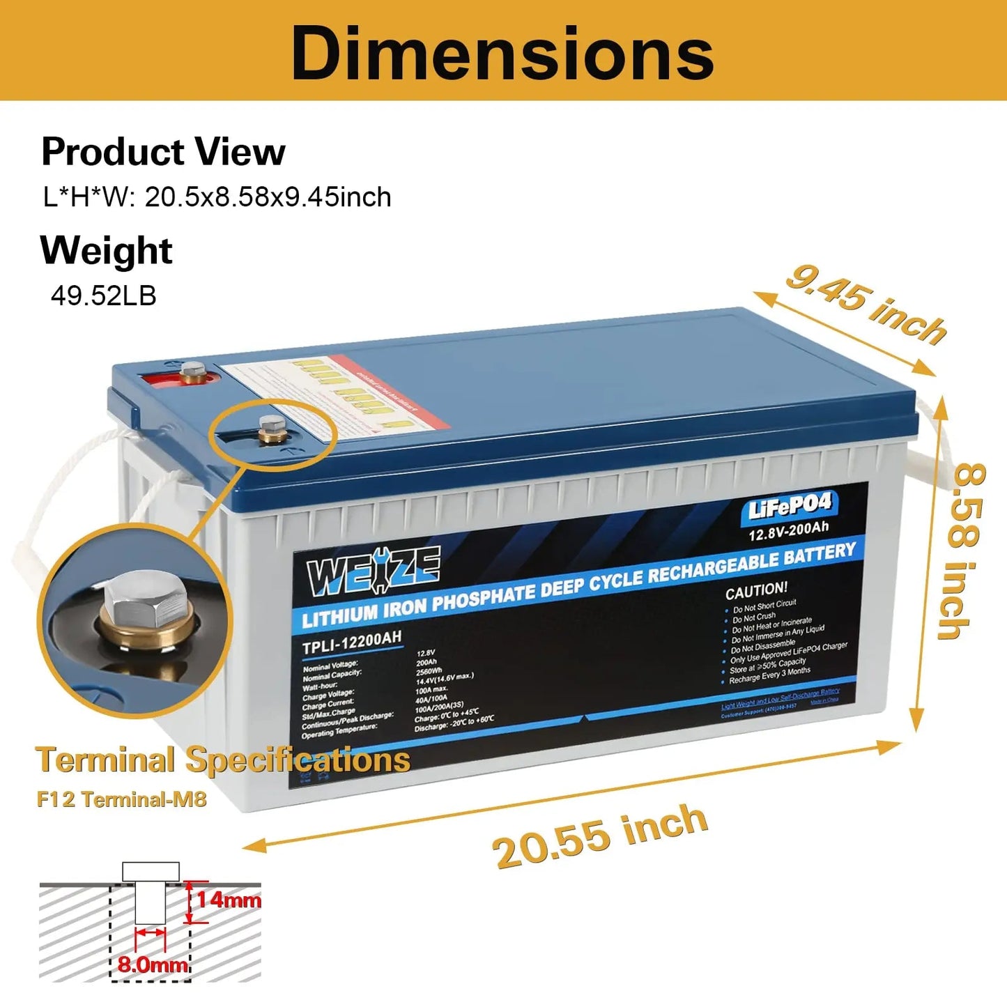 WEIZE 12V 200Ah 2560Wh Lithium Battery, Deep Cycle LiFePO4 Battery