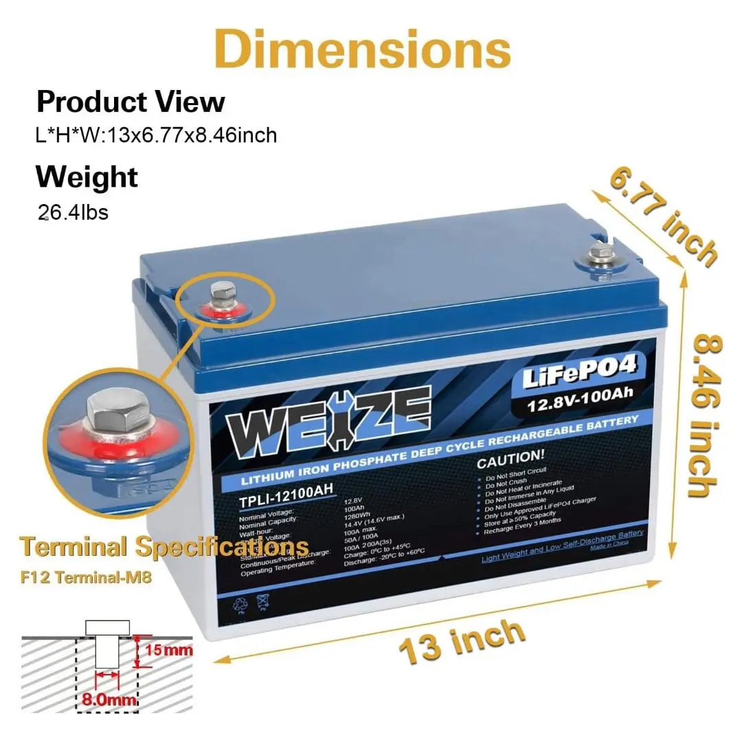 🔥WEIZE 12V 100Ah 1280Wh Lithium Battery, Group 31 Deep Cycle LiFePO4 Battery