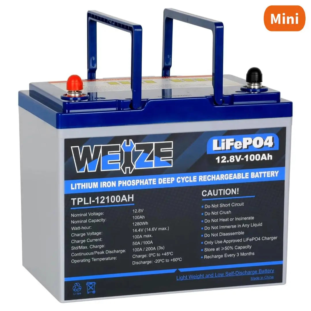WEIZE 12V 100Ah 1280Wh LiFePO4 Lithium Battery, Upgrade Mini Size, Group 24 Deep Cycle Battery