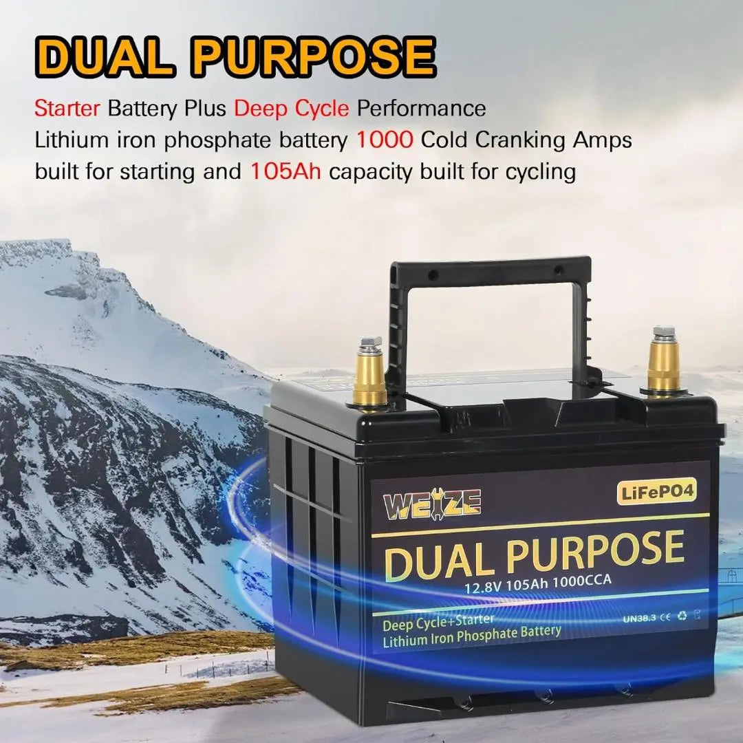 WEIZE 12V 105AH Dual Purpose LiFePO4 Lithium Battery, Starter & Deep Cycle, Marine & RV Battery