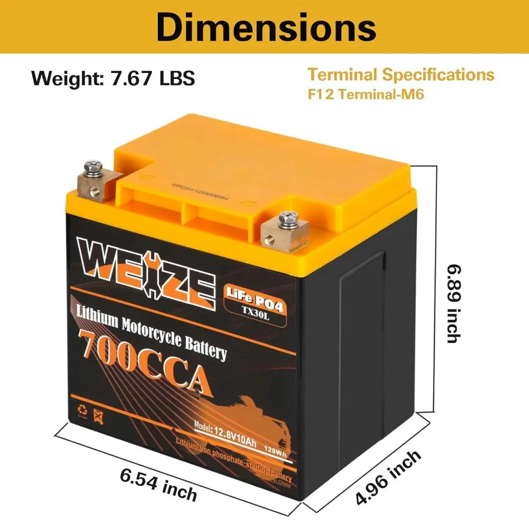 WEIZE 12V 10AH 700CCA LiFePO4 Lithium Motorcycle Battery