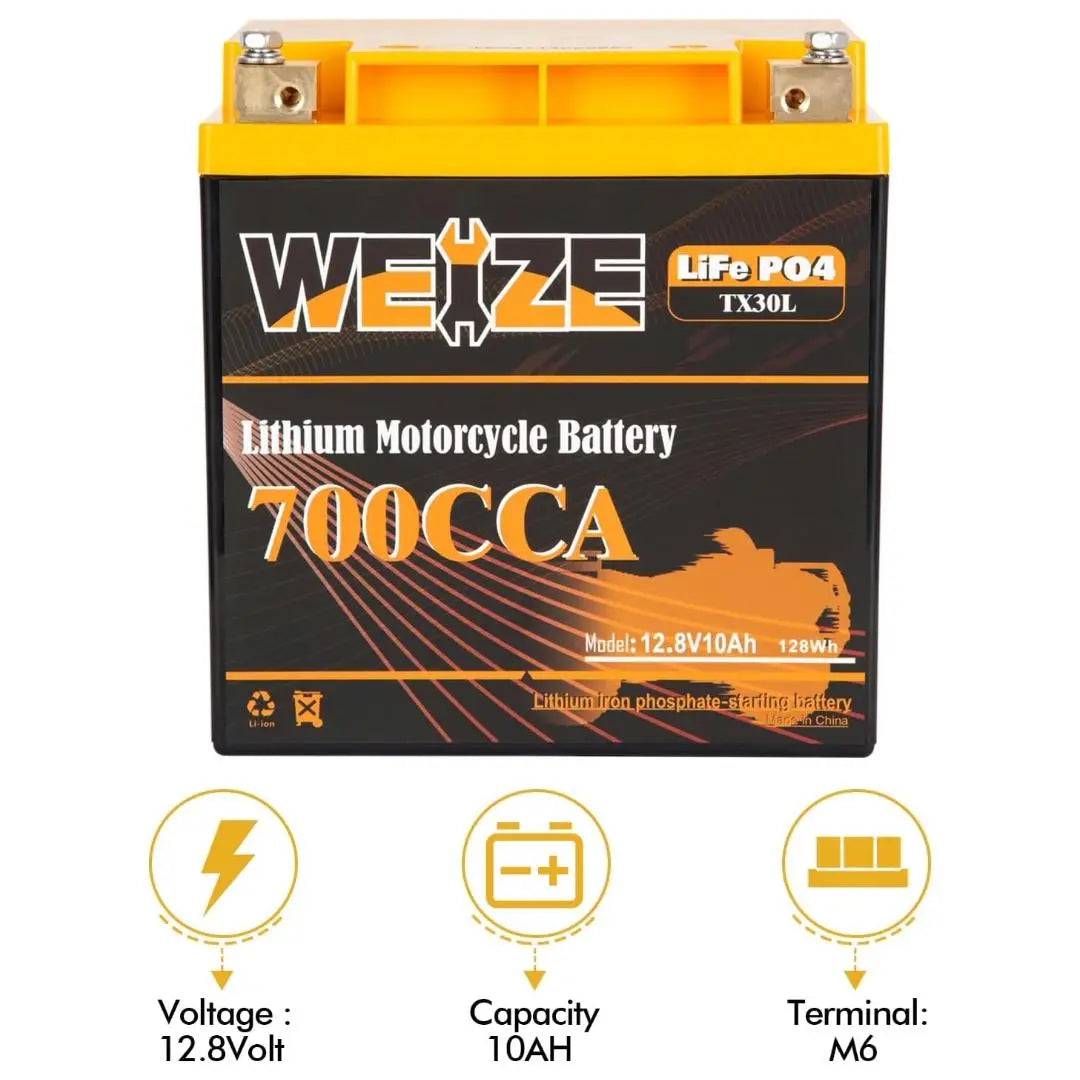 WEIZE 12V 10AH 700CCA LiFePO4 Lithium Motorcycle Battery