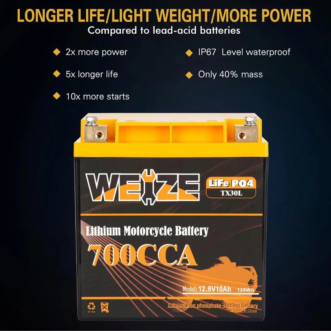 WEIZE 12V 10AH 700CCA LiFePO4 Lithium Motorcycle Battery