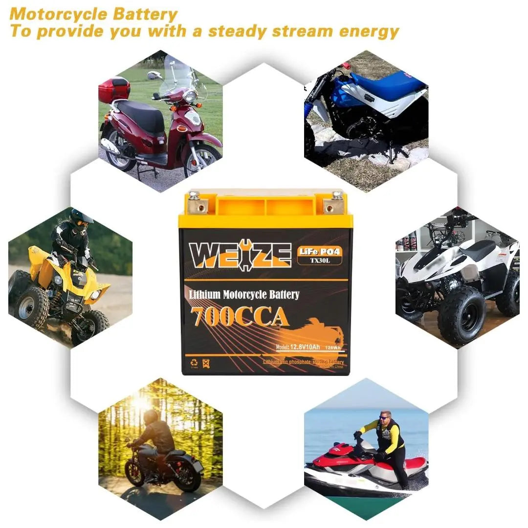 WEIZE 12V 10AH 700CCA LiFePO4 Lithium Motorcycle Battery