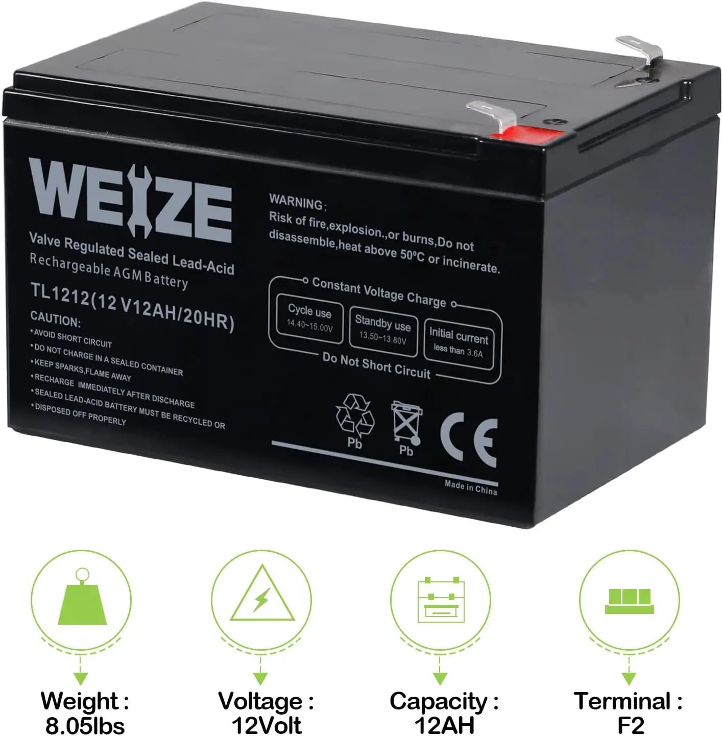 WEIZE 12V 12Ah SLA Deep Cycle AGM Battery