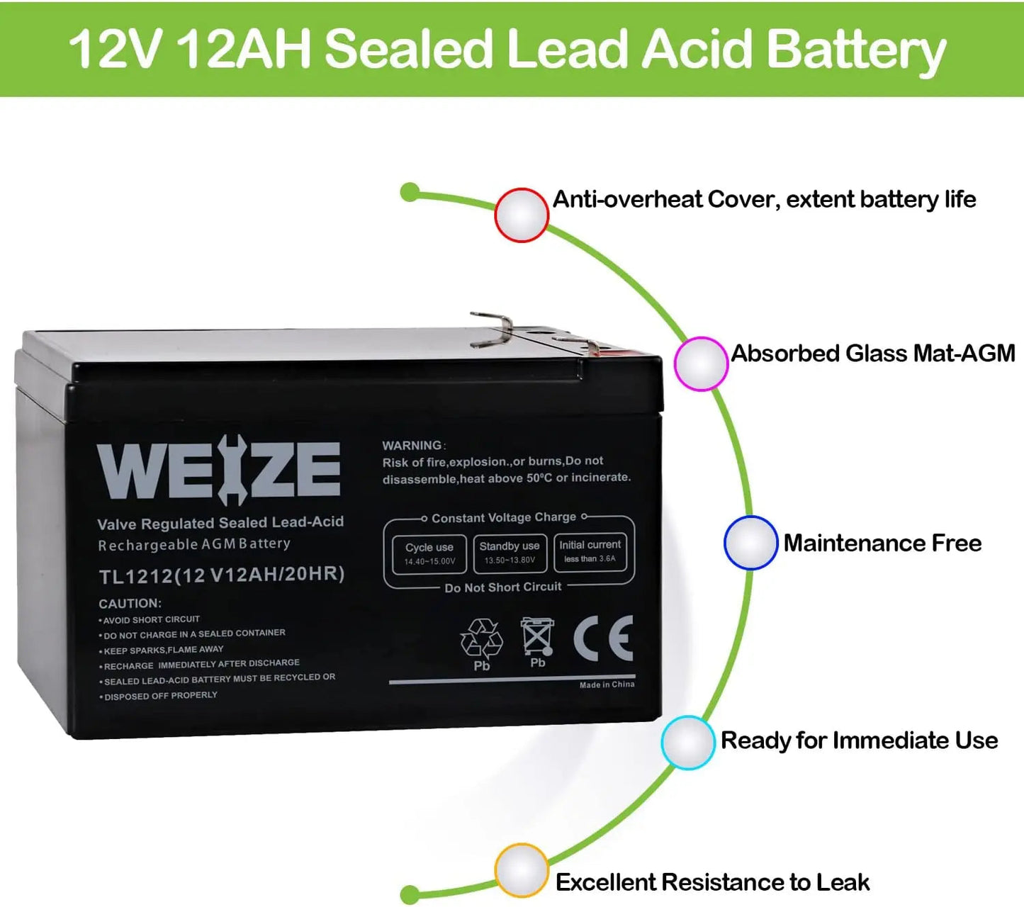 WEIZE 12V 12Ah SLA Deep Cycle AGM Battery