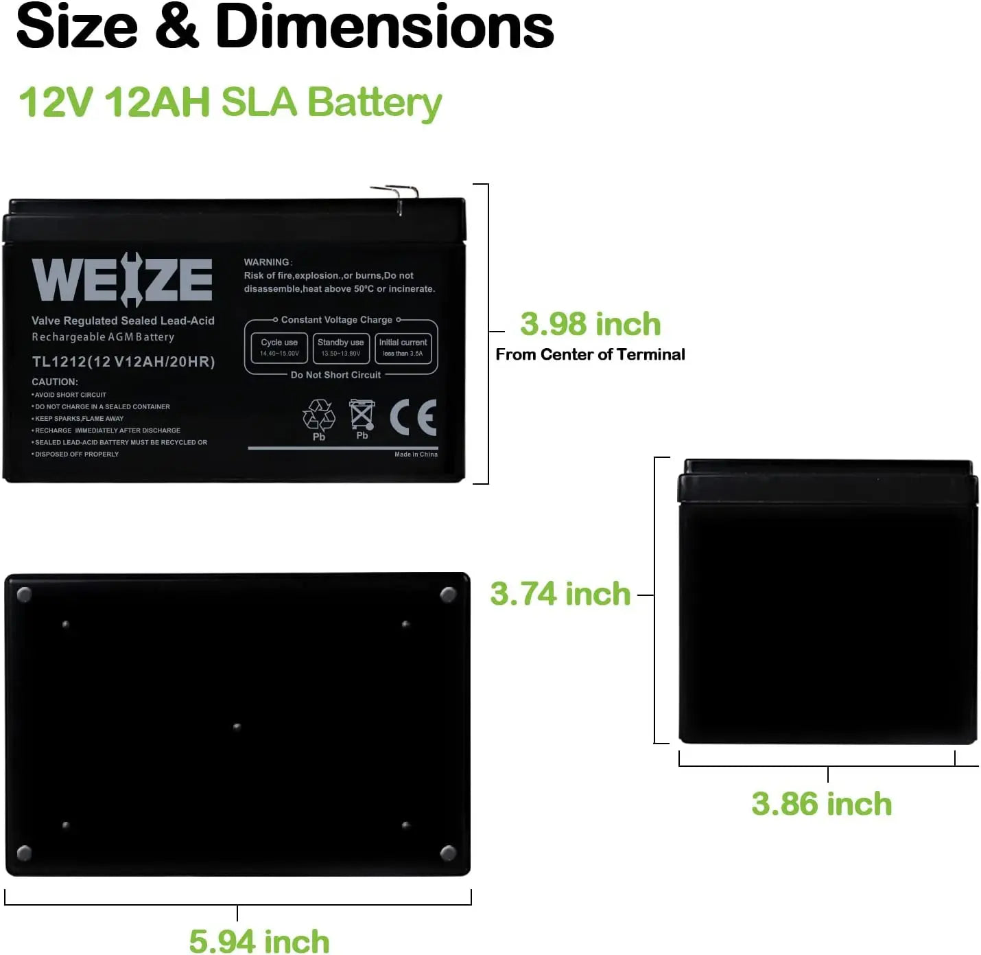 WEIZE 12V 12Ah SLA Deep Cycle AGM Battery