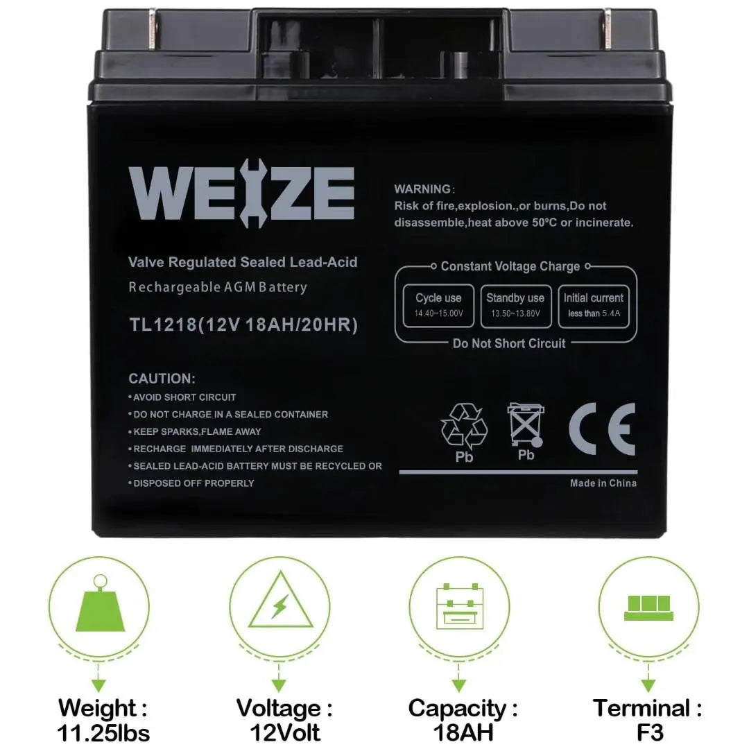 WEIZE 12V 18Ah SLA Deep Cycle AGM Battery