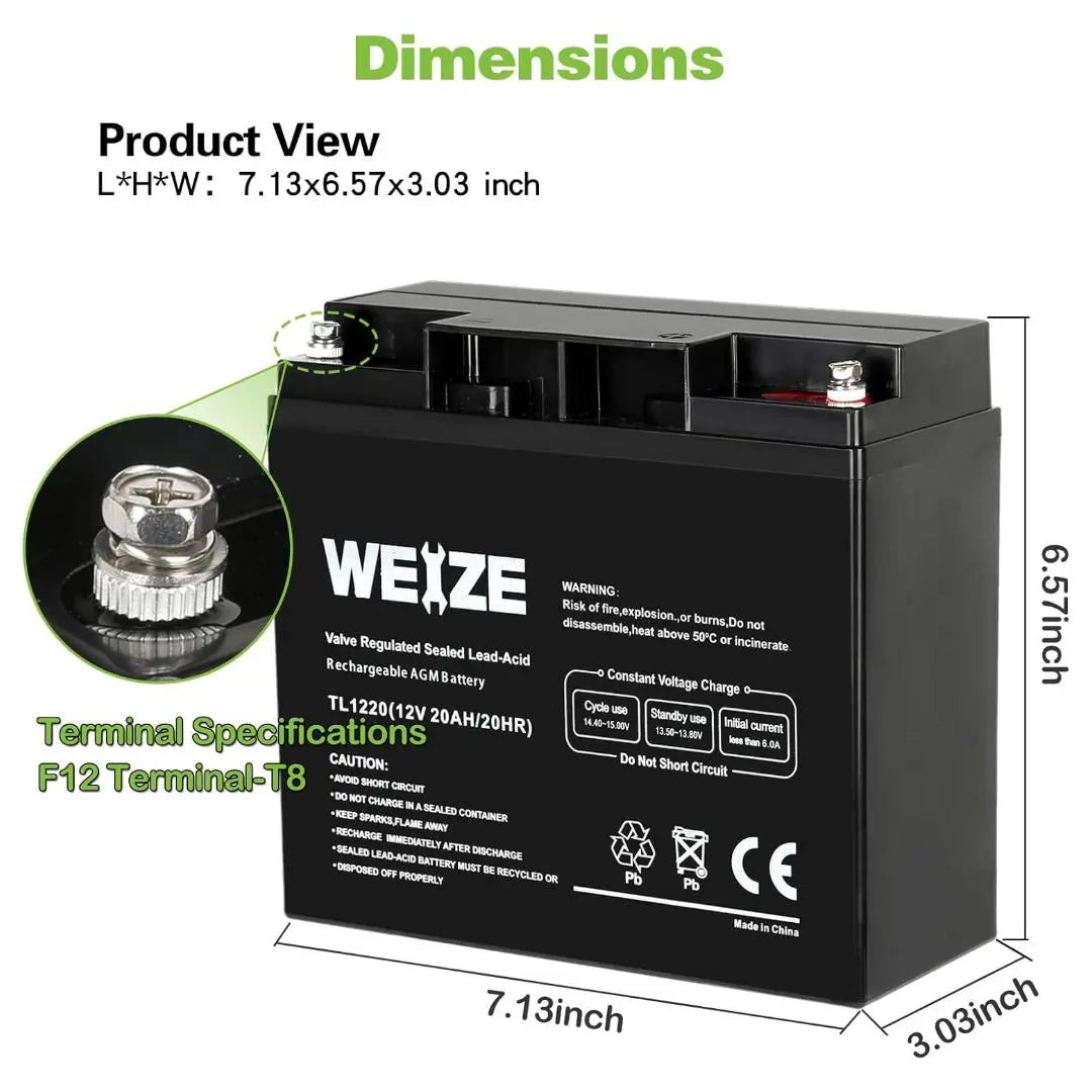 WEIZE 12V 20Ah SLA Deep Cycle AGM Battery