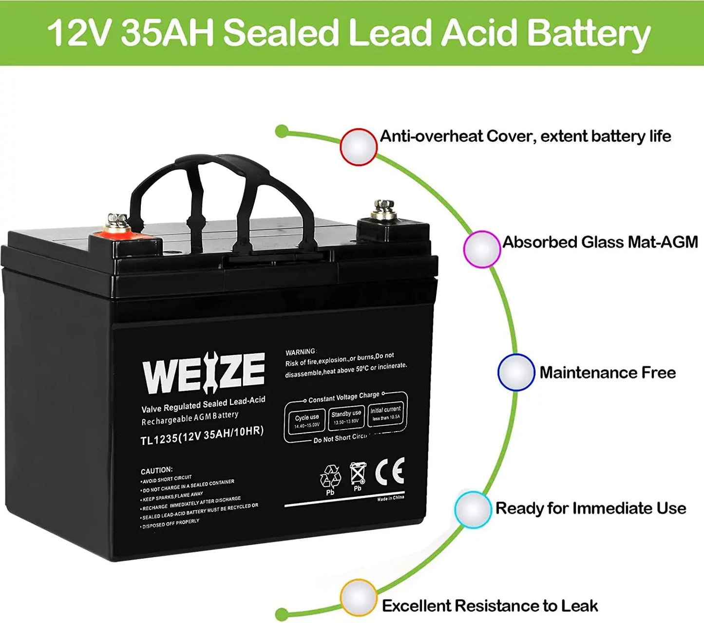 WEIZE 12V 35Ah SLA Deep Cycle AGM Battery