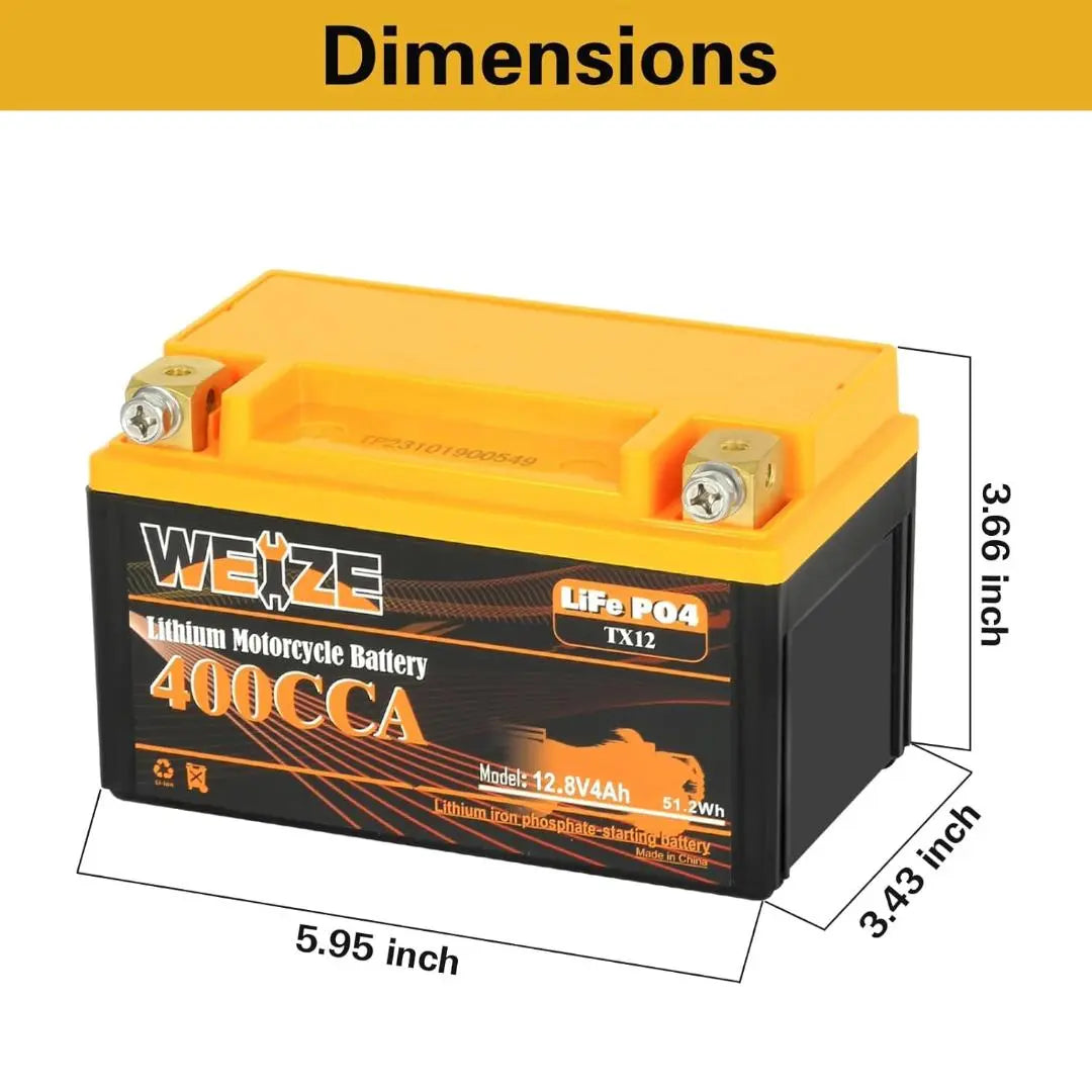 WEIZE 12V 4AH 400CCA LiFePO4 Lithium Motorcycle Battery