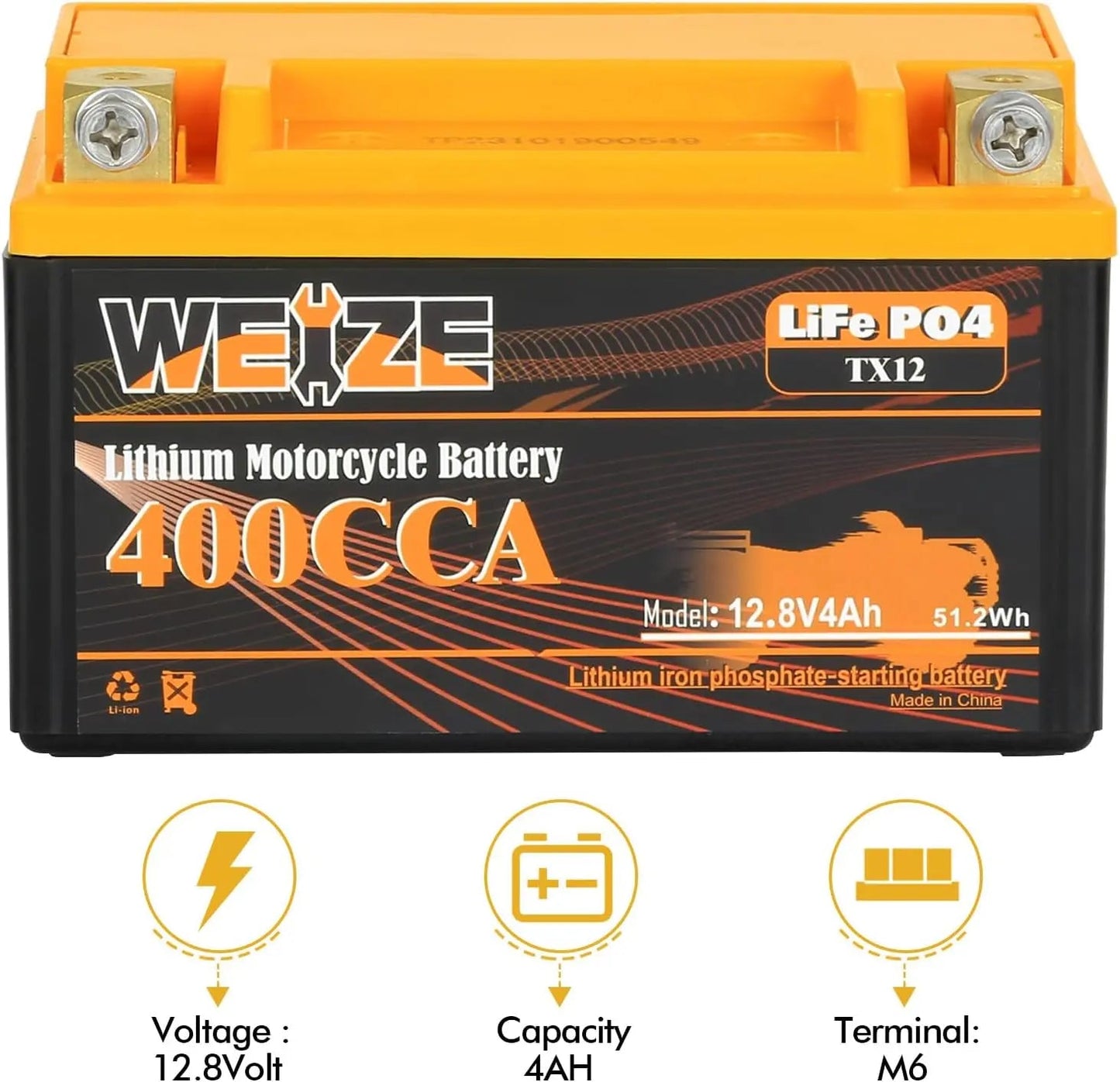 WEIZE 12V 4AH 400CCA LiFePO4 Lithium Motorcycle Battery