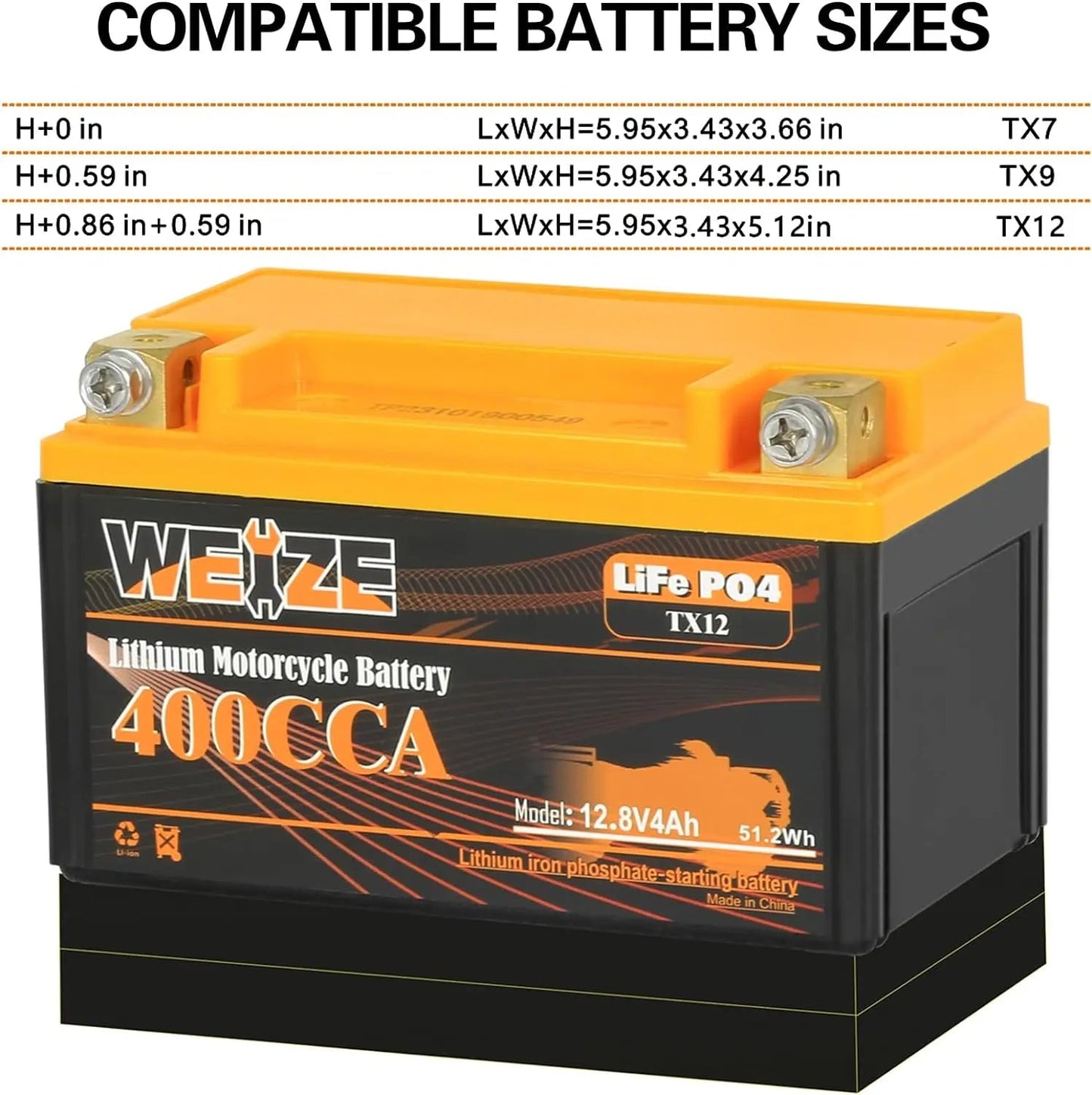 WEIZE 12V 4AH 400CCA LiFePO4 Lithium Motorcycle Battery