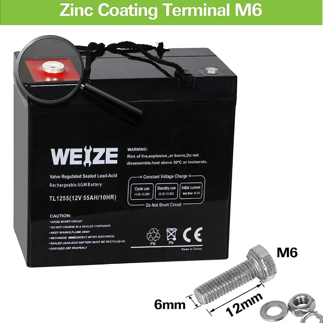 WEIZE 12V 55Ah AGM Deep Cycle Sealed Lead Acid Battery