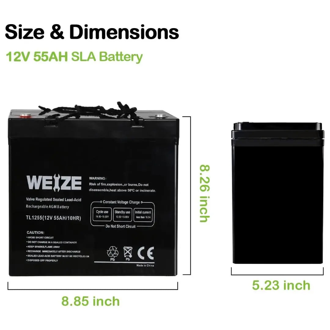 WEIZE 12V 55Ah AGM Deep Cycle Sealed Lead Acid Battery