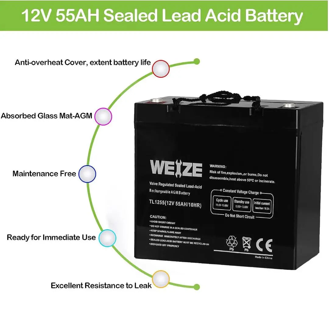 WEIZE 12V 55Ah AGM Deep Cycle Sealed Lead Acid Battery