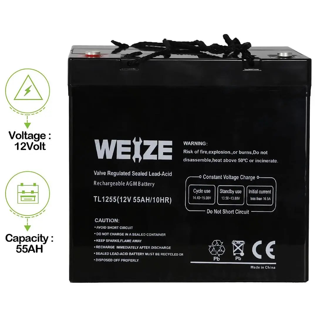 WEIZE 12V 55Ah AGM Deep Cycle Sealed Lead Acid Battery