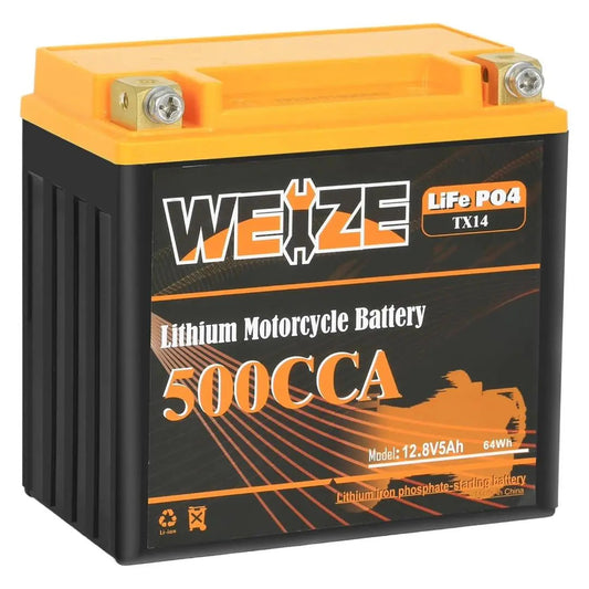 WEIZE 12V 5AH Lithium Group 14, 500CCA LiFePO4 Motorcycle Battery